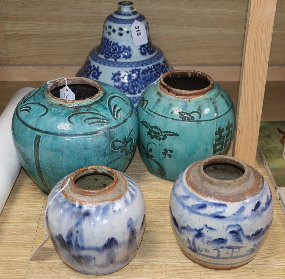 Two Chinese Provincial-style bulbous turquoise-glazed incised ginger jars and three other items,